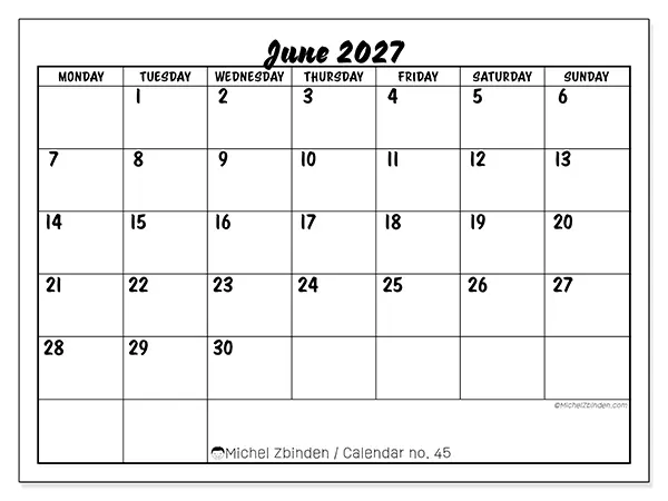Printable June 2027 calendar - Academic success