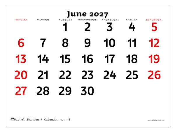 Printable June 2027 calendar - Clear vision - Week: Sunday to Saturday