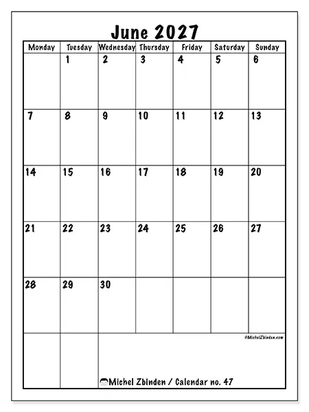 Printable June 2027 calendar - Efficient planning