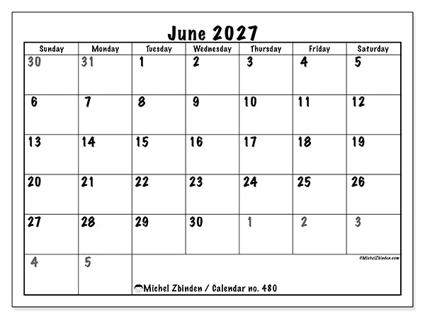 Printable June 2027 calendar - Complete planning - Week: Sunday to Saturday
