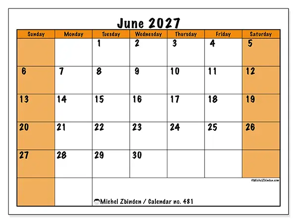 Printable June 2027 calendar - Dynamic planning - Week: Sunday to Saturday