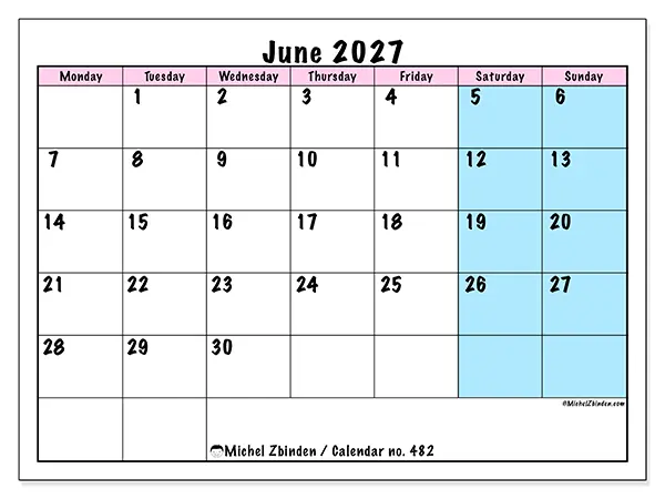 Printable June 2027 calendar - Team schedule