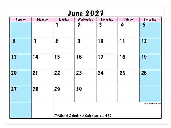 Printable June 2027 calendar - Team schedule - Week: Sunday to Saturday