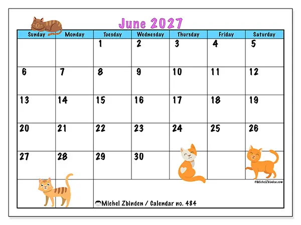 Printable June 2027 calendar - Love of cats - Week: Sunday to Saturday