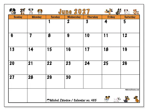 Printable June 2027 calendar - Enthusiastic dogs - Week: Sunday to Saturday