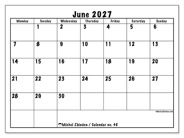 Printable June 2027 calendar - Daily efficiency
