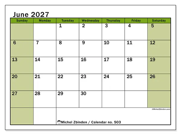 Printable June 2027 calendar - Lively organization - Week: Sunday to Saturday