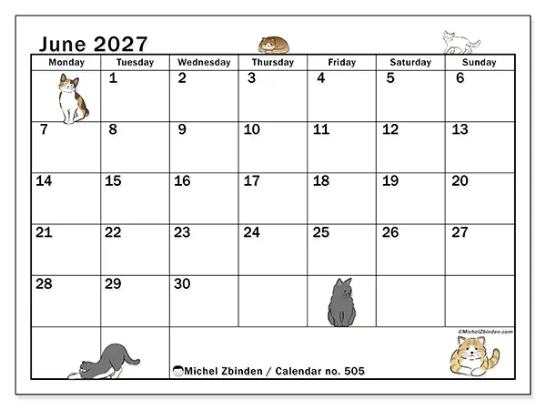 Printable June 2027 calendar - Cat life