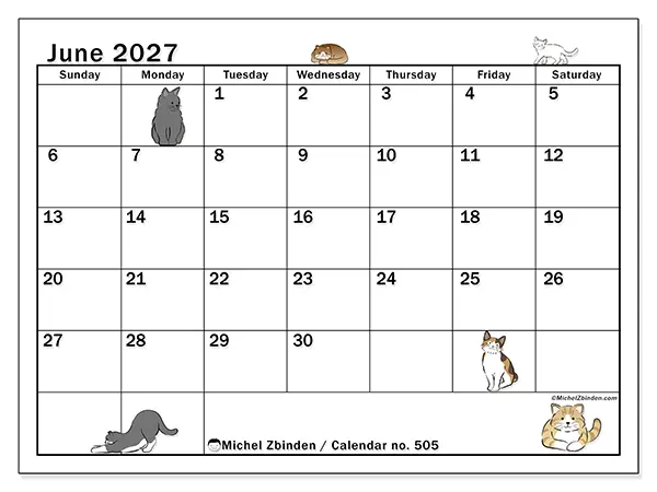 Printable June 2027 calendar - Cat life - Week: Sunday to Saturday