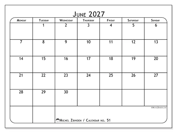 Printable June 2027 calendar - Meal planner