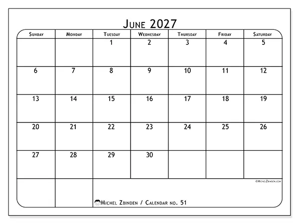 Printable June 2027 calendar - Meal planner - Week: Sunday to Saturday