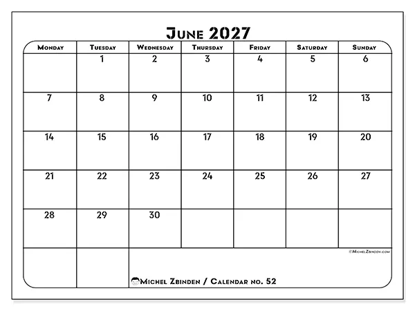 Printable June 2027 calendar - Professional organization