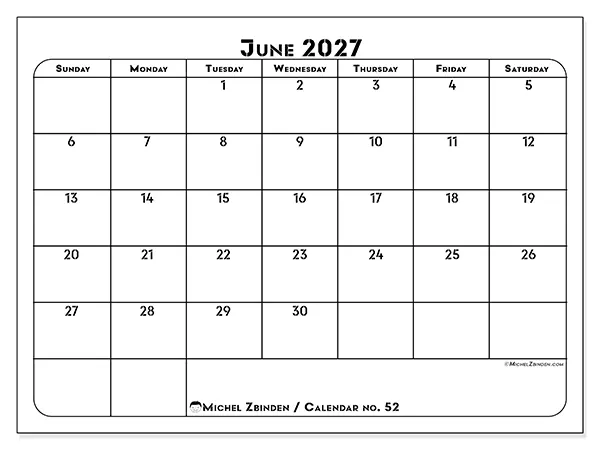 Printable June 2027 calendar - Professional organization - Week: Sunday to Saturday