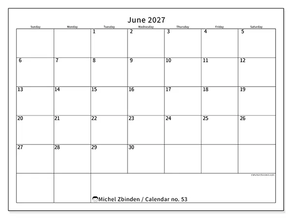 Printable June 2027 calendar - Efficient schedule - Week: Sunday to Saturday