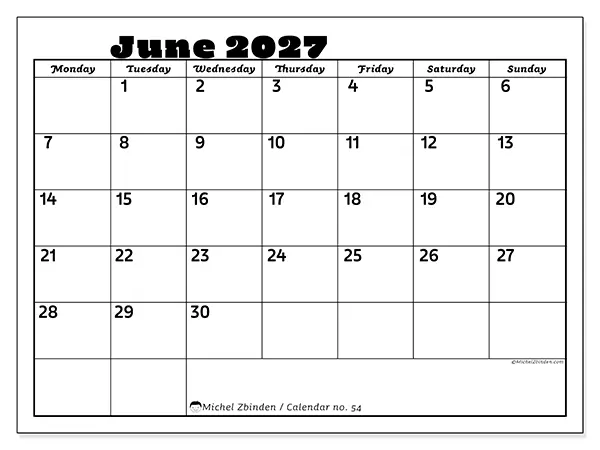Printable June 2027 calendar - Family activities