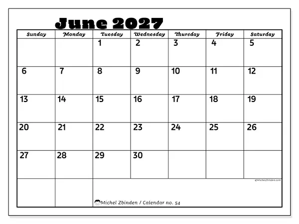 Printable June 2027 calendar - Family activities - Week: Sunday to Saturday
