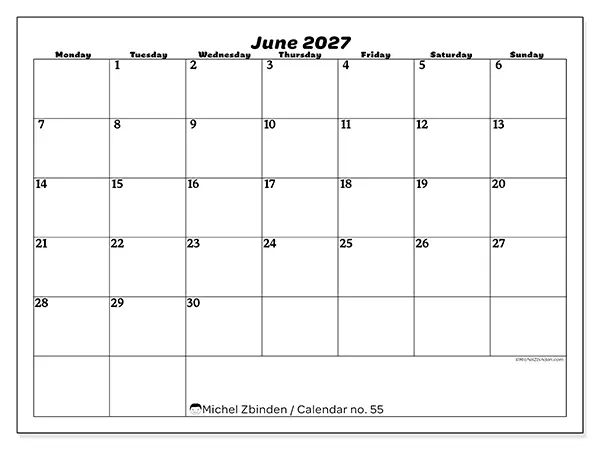 Printable June 2027 calendar - Leisure organization