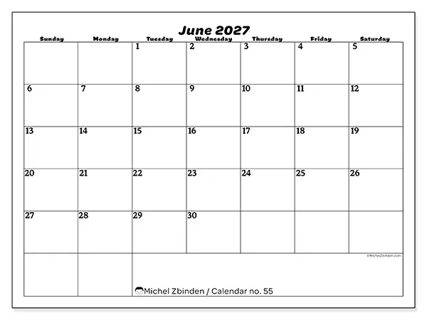 Printable June 2027 calendar - Leisure organization - Week: Sunday to Saturday