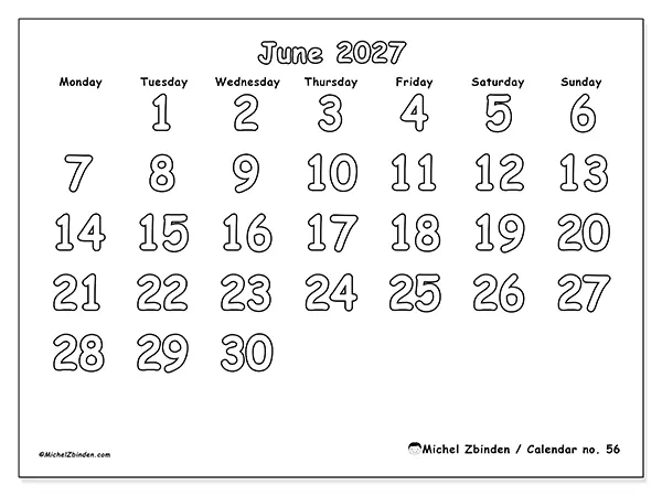 Printable June 2027 calendar - Useful coloring