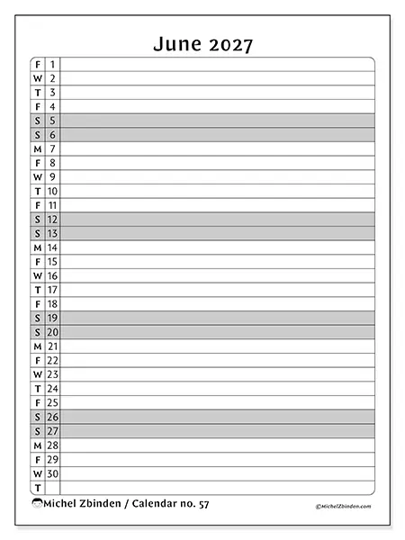 Printable June 2027 calendar - Activity list