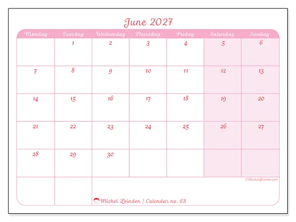Printable June 2027 calendar - Gentle organization