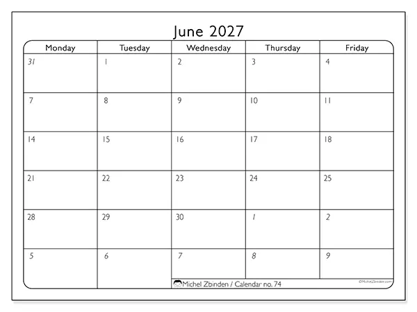 Printable June 2027 calendar - Work organization