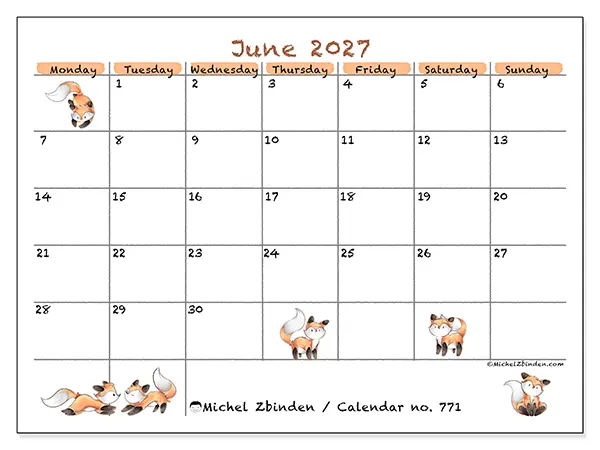 Printable June 2027 calendar - Fox drawings
