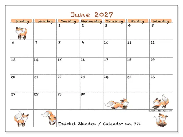 Printable June 2027 calendar - Fox drawings - Week: Sunday to Saturday