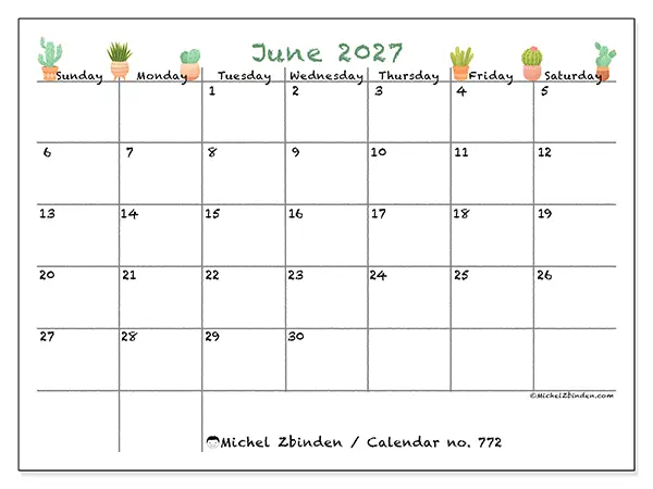Printable June 2027 calendar - Decorative cactus - Week: Sunday to Saturday