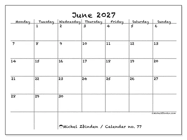 Printable June 2027 calendar - School and family