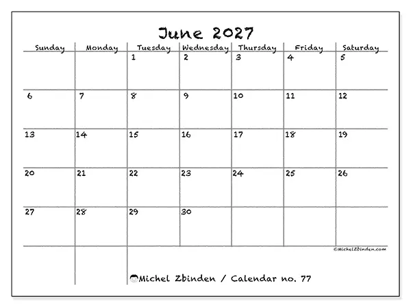 Printable June 2027 calendar - School and family - Week: Sunday to Saturday