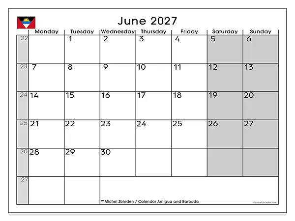 Printable June 2027 calendar - Antigua and Barbuda