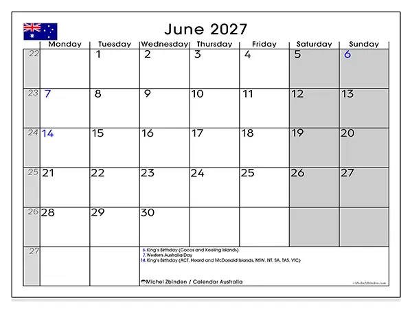 Printable June 2027 calendar - Australia