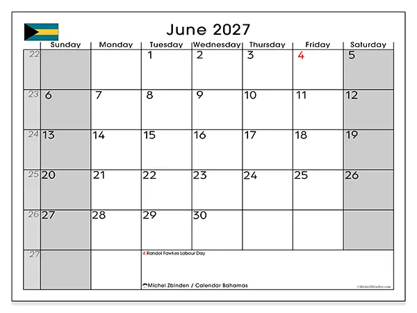 Printable June 2027 calendar - Bahamas
