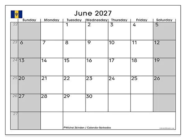 Printable June 2027 calendar - Barbados