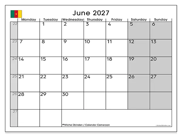 Printable June 2027 calendar - Cameroon