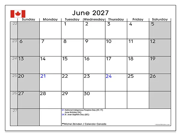 Printable June 2027 calendar - Canada