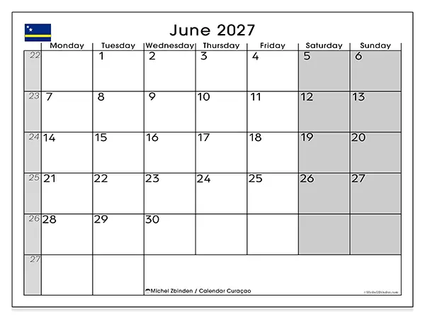 Printable June 2027 calendar - Curaçao