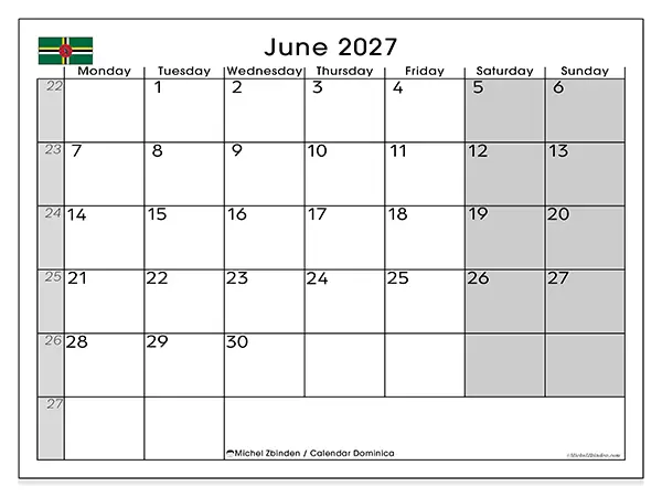 Printable June 2027 calendar - Dominica