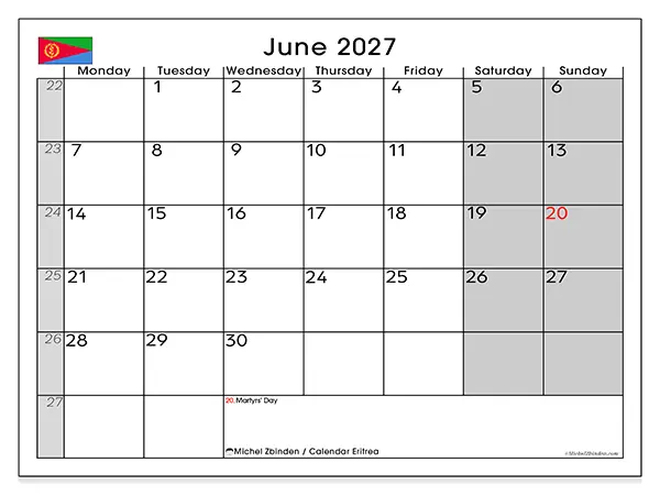 Printable June 2027 calendar - Eritrea