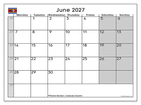 Printable June 2027 calendar - Eswatini