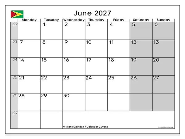 Printable June 2027 calendar - Guyana