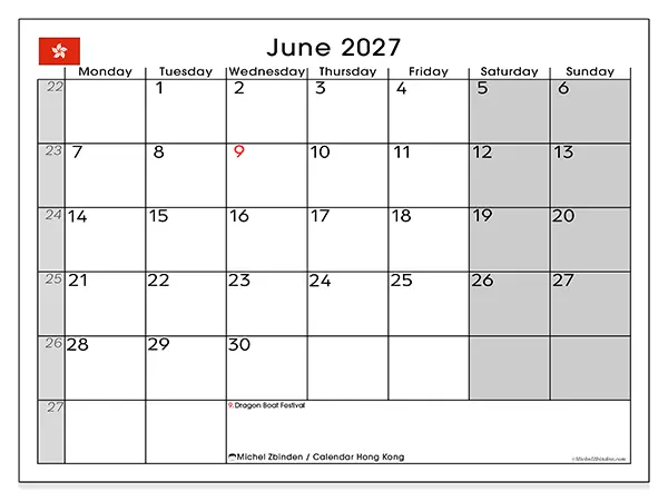 Printable June 2027 calendar - Hong Kong