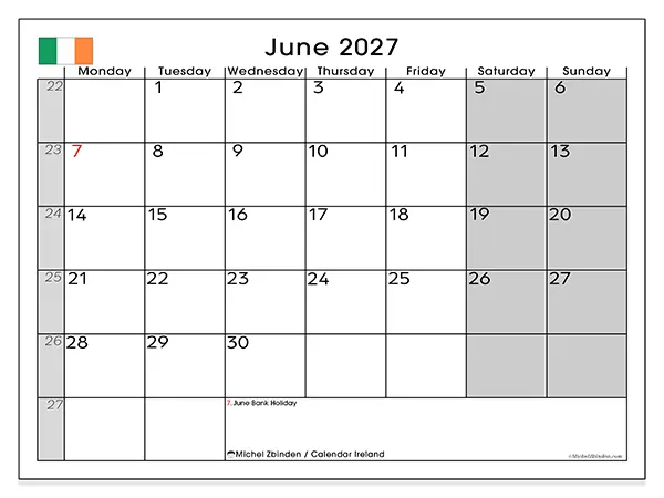 Printable June 2027 calendar - Ireland