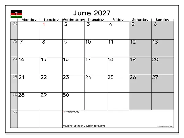 Printable June 2027 calendar - Kenya