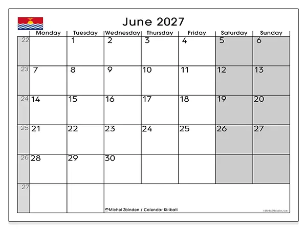 Printable June 2027 calendar - Kiribati