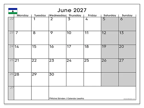 Printable June 2027 calendar - Lesotho