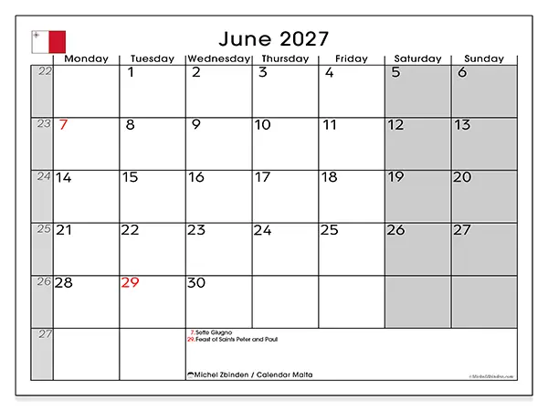 Printable June 2027 calendar - Malta