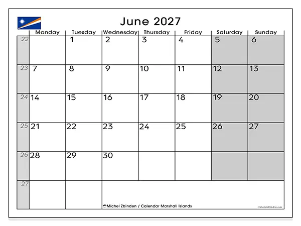 Printable June 2027 calendar - Marshall Islands