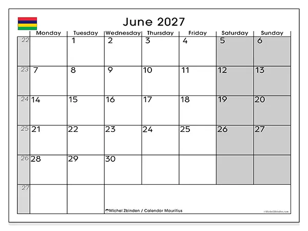 Printable June 2027 calendar - Mauritius